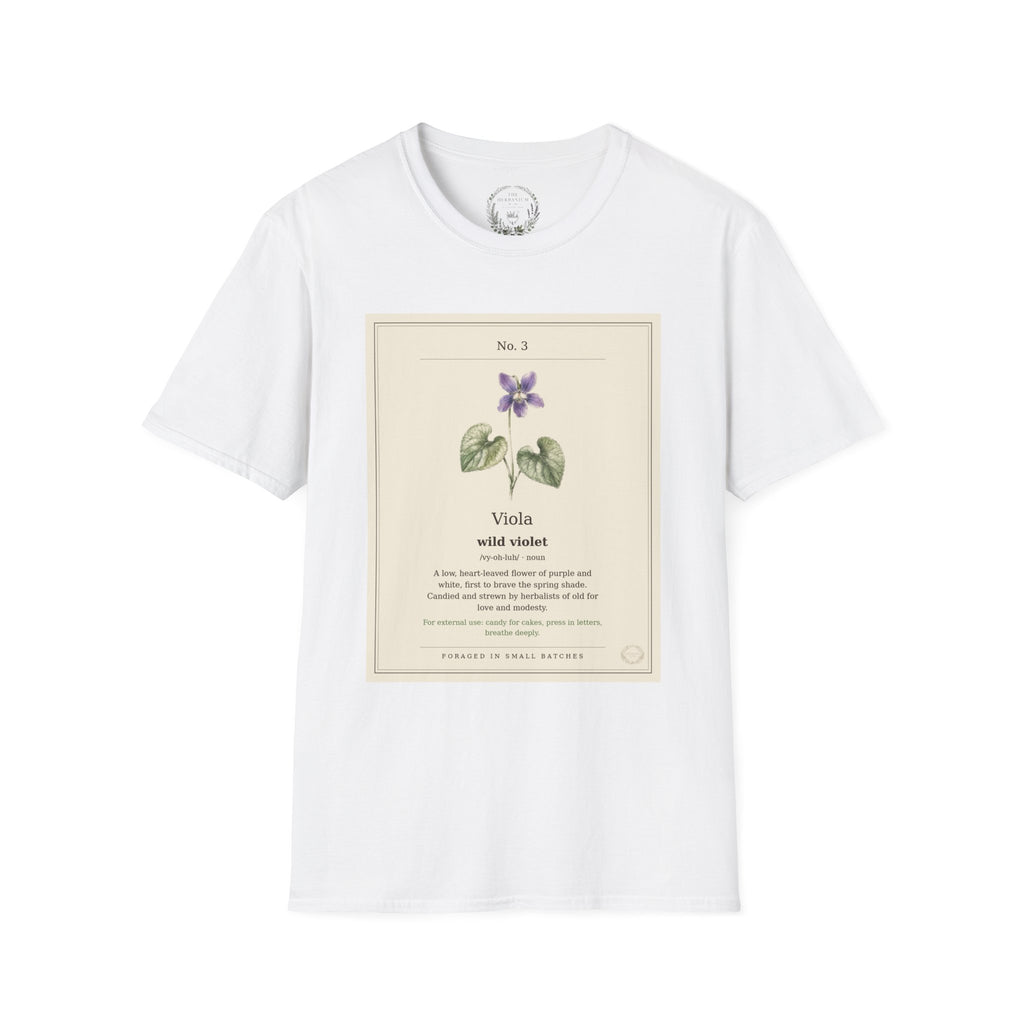The Herbanium Tee - March Wild Violet - botanical illustration printed on a soft short-sleeve tee