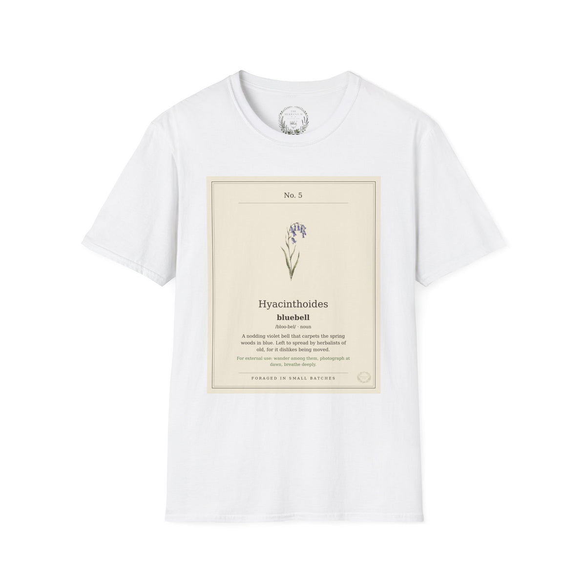 The Herbanium Tee - May Bluebell - botanical illustration printed on a soft short-sleeve tee