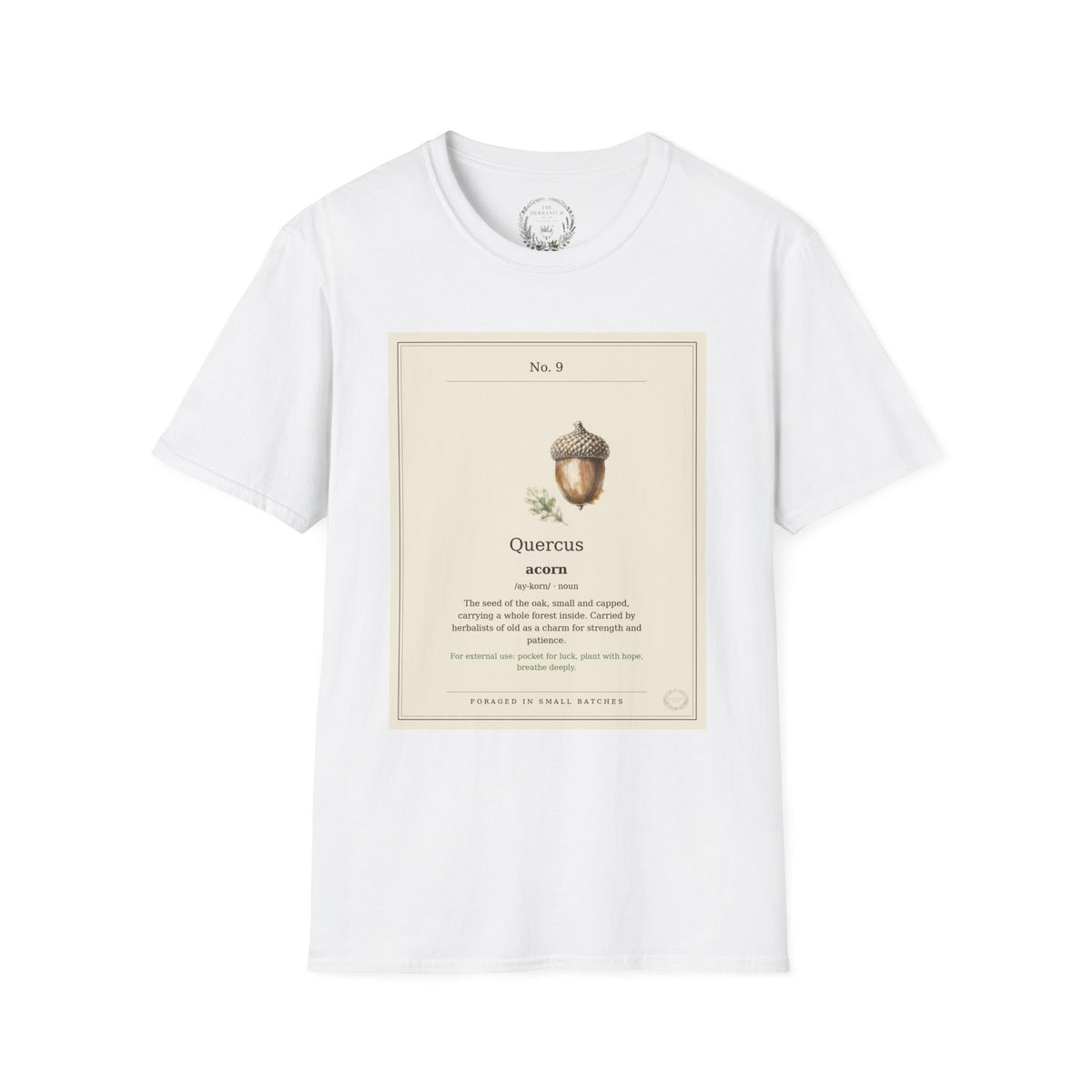 The Herbanium Tee - September Acorn - botanical illustration printed on a soft short-sleeve tee