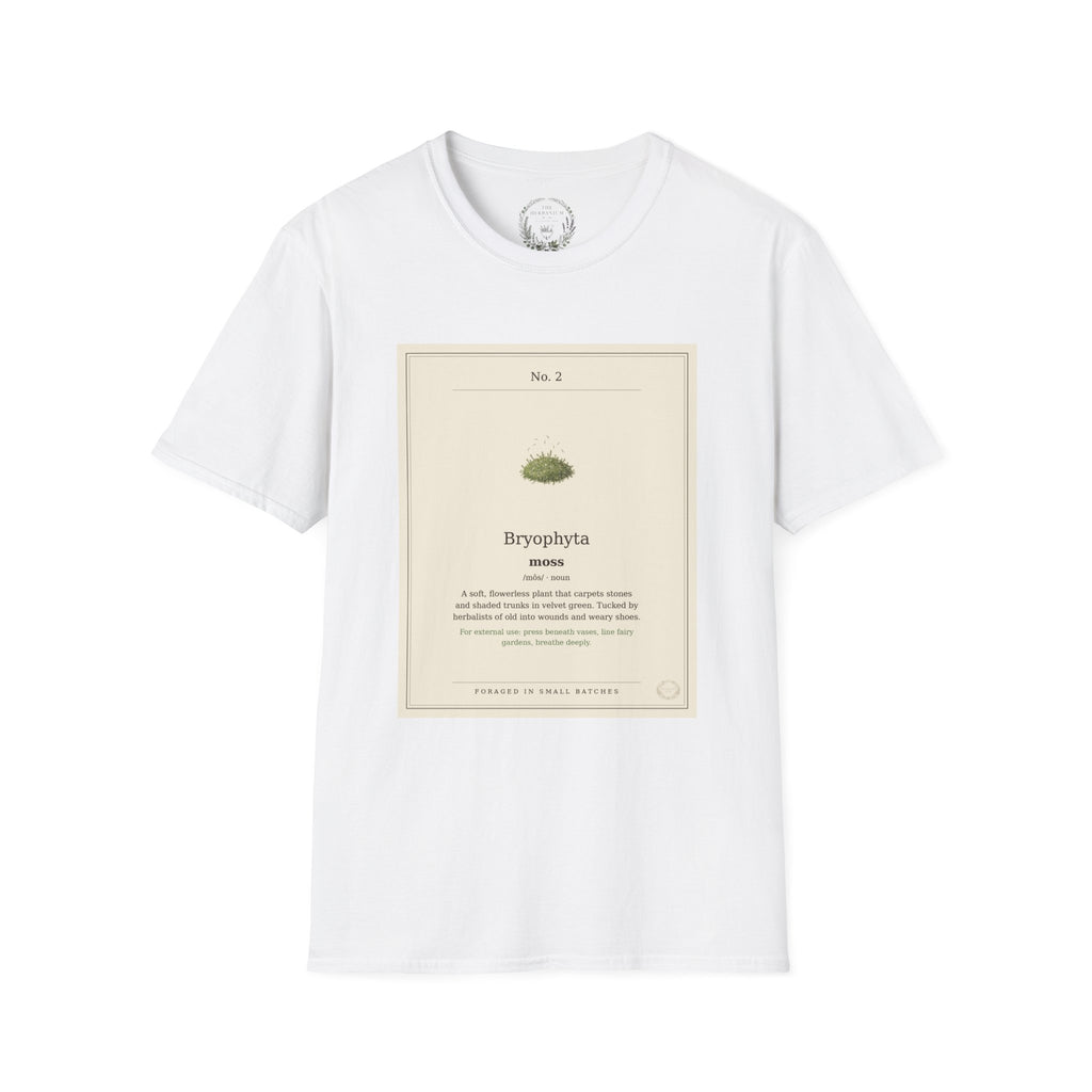 The Herbanium Tee - February Moss - botanical illustration printed on a soft short-sleeve tee