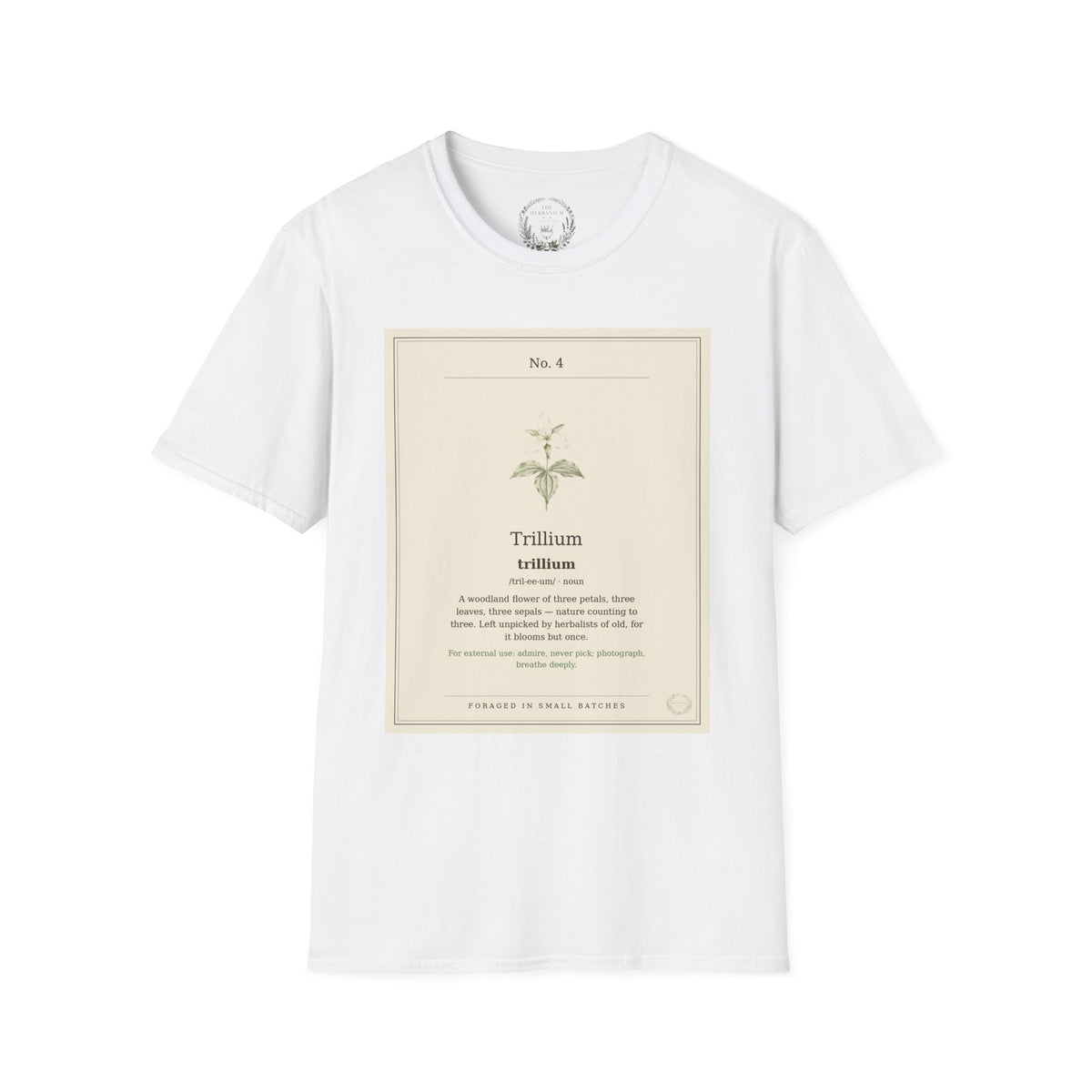 The Herbanium Tee - April Trillium - botanical illustration printed on a soft short-sleeve tee